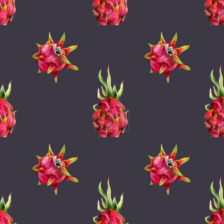 Téléchargez les photos : Fruits de dragon rouge rose sur motif violet poussiéreux foncé simple sans couture avec fond de dessins pitaya aquarelle. Illustration botanique minimaliste dessinée à la main pour menus tropicaux d'été. - en image libre de droit