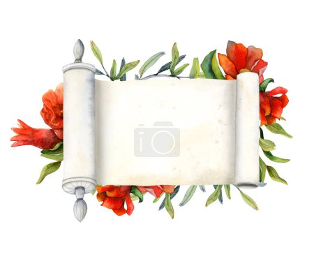 Téléchargez les photos : Défilé vierge avec modèle de bannière de fleurs de grenade rouge ou carte de vœux Rosh Hashanah illustration aquarelle isolée sur fond blanc pour le Nouvel An juif. - en image libre de droit