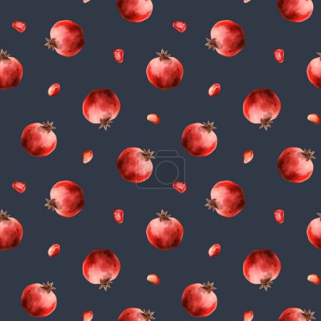 Foto de Azul oscuro granadas simples acuarela patrón sin costuras con frutos jugosos de color rojo brillante y semillas. Ilustración botánica realista para papel de regalo, tela, productos alimenticios. - Imagen libre de derechos