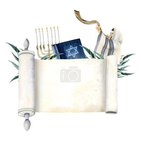 Foto de Rollo de Torá en blanco con símbolos de Yom Kippur plantilla de banner ilustración de acuarela aislada sobre fondo blanco para el Año Nuevo judío y el día de expiación con menora, libro, shofar. - Imagen libre de derechos