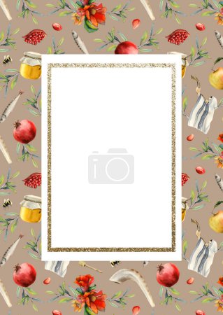 Beige and red Rosh Hashanah greeting card template watercolor illustration for Jewish New year. Suits for A6 format. Copyspace, pomegranate fruits, honey, apple, shofar and red flowers.