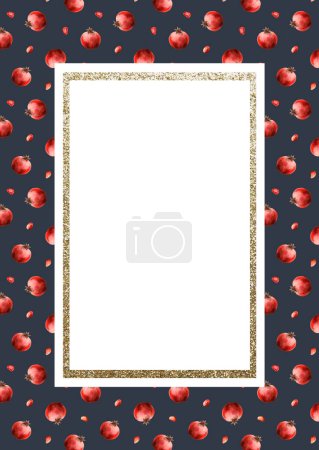 Photo for Dark blue and red pomegranate fruits greeting card template watercolor illustration with golden frame and copyspace for Jewish New year. Suits for A6 format. - Royalty Free Image