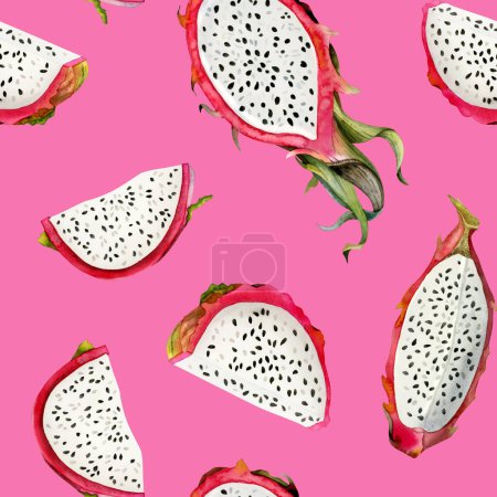 Foto de Brillantes frutas de dragón rosa rebanadas patrón sin costuras con fondo de dibujos de pitaya acuarela. Ilustración dibujada a mano para diseños de cocina. - Imagen libre de derechos