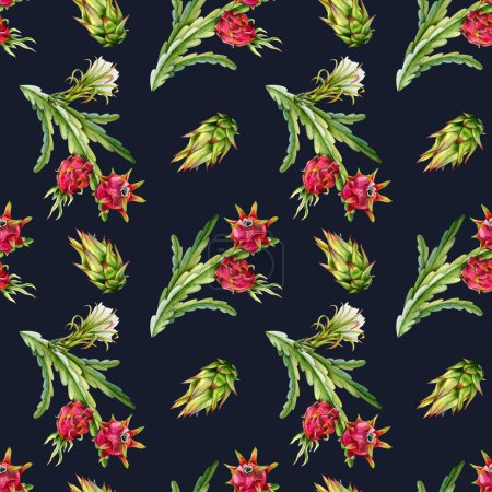 Foto de Acuarela oscura ramas de cactus pitaya con frutos de dragón rojo y flores patrón sin costuras sobre fondo azul. Dibujo botánico realista de plantas tropicales de cultivo exótico. - Imagen libre de derechos