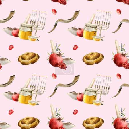 Foto de Rosa claro rosado hashaná símbolos acuarela patrón sin costura con shofars, menorah, comida tradicional para el envoltorio de regalo de año nuevo judío, cajas y diseños de saludo. - Imagen libre de derechos