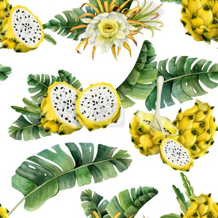 Foto de Pitaya amarilla rodajas de frutas de dragón en hojas tropicales patrón sin costura sobre fondo blanco. Ilustración dibujada a mano para menús de verano, telas, diseños tropicales y exóticos. - Imagen libre de derechos