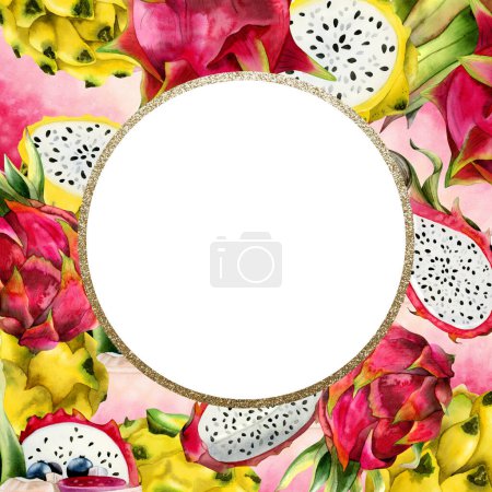 Photo for Pitaya square and round frame with pink yellow dragon fruits watercolor template botanical tropical illustration isolated on white background. - Royalty Free Image