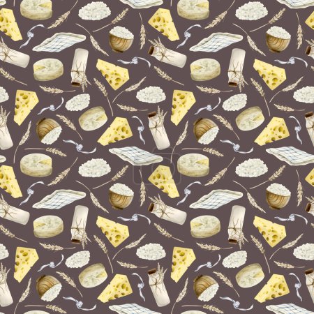 Photo for Dairy products milk cheese seamless pattern with camembert, tea towel, cottage cheese and ears of wheat on brown background. Hand drawn illustration for rustic farm. - Royalty Free Image