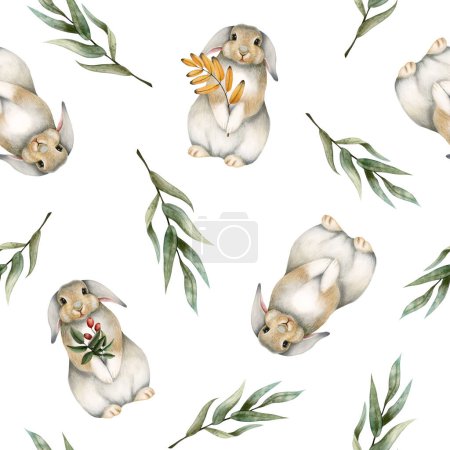 Photo for Watercolor cute bunny rabbit with green leaves seamless pattern on white background. Hand drawn adorable hare, branches, fall plants for kids bed linen and clothes. - Royalty Free Image