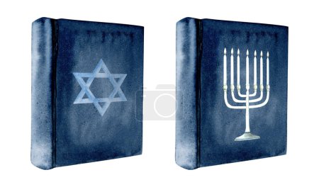 Photo for Torah with menorah with candles symbol on the cover watercolor illustration isolated on white background. Blue Jewish Book for Shabbat, Synagogue and holidays disign. - Royalty Free Image