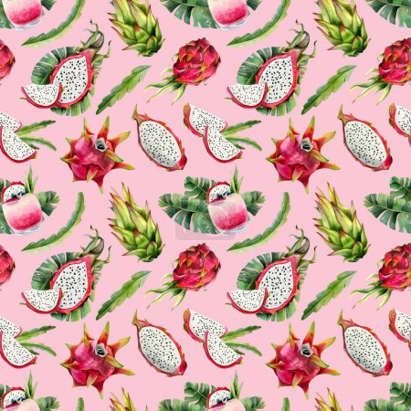 Foto de Pitaya rojo acuarela dragón frutas y hojas tropicales patrón sin costuras con dibujos pitahaya sobre fondo rosa claro para menús de verano, telas, diseños. - Imagen libre de derechos