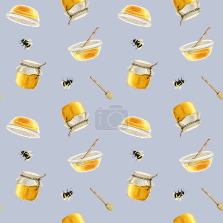 Foto de Patrón sin costura de miel y abejas acuarela con tarros, cucharas de madera sobre fondo azul claro para papel de envolver, bolsas o textiles. - Imagen libre de derechos