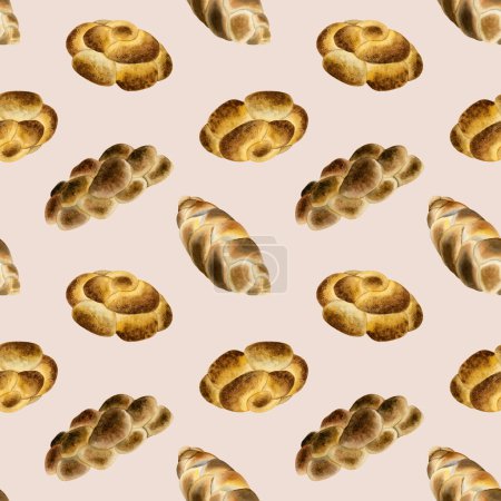Foto de Pan judío de jalá acuarela patrón sin costura sobre fondo beige claro con panes trenzados para Shabat sábado, panadería kosher. - Imagen libre de derechos