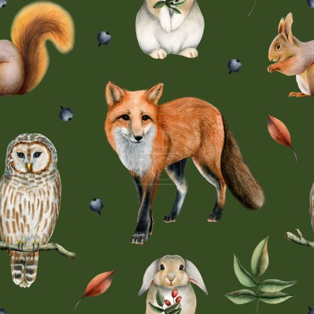 Photo for Forest animals watercolor seamless pattern with cute red fox, bunny rabbit, owl and squirrel with fall leaves and berries on green background for kids clothes and woodland nursery decor. - Royalty Free Image