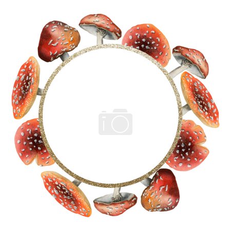 Photo for Red fly agarics mushrooms round frame with gold border watercolor illustration isolated on white background for fall forest designs, woodland theme cards. - Royalty Free Image