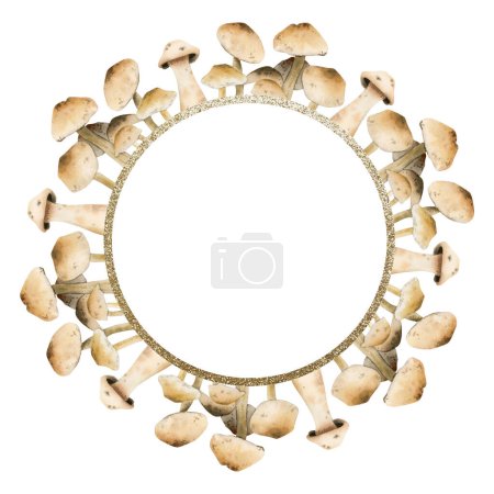 Photo for Brown beige small edible mushrooms round frame with gold border watercolor illustration isolated on white background for fall forest designs, woodland theme cards and recipes. - Royalty Free Image