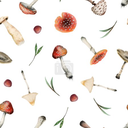 Photo for Toadstools and fly agaric watercolor seamless pattern with red and white poisonous mushrooms, grass and berries on white background. Forest illustration for textiles, printing, Halloween packaging. - Royalty Free Image