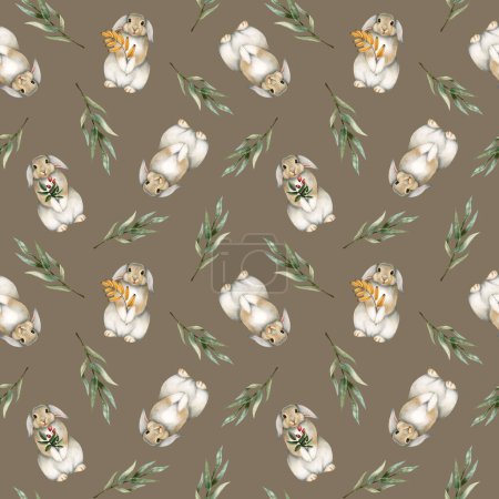 Téléchargez les photos : Lapin lapin d'automne aquarelle avec des feuilles motif sans couture sur fond beige brun pastel. Lièvre adorable dessiné à la main pour vêtements de bébé - en image libre de droit