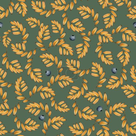 Foto de Acuarela hojas amarillas de otoño en el patrón sin costuras del bosque en verde. Fondo botánico de otoño cálido con ilustración de plantas dibujadas a mano para telas y textiles - Imagen libre de derechos