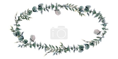 Téléchargez les photos : Châssis ovale en couronne d'eucalyptus doré avec branches en argent et herbe. Elégante illustration aquarelle verte botanique isolée sur fond blanc. - en image libre de droit