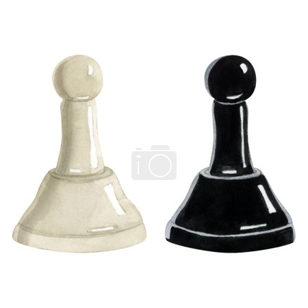 Téléchargez les photos : Deux pièces d'échecs pion noir et blanc aquarelle illustration isolée sur fond blanc. Figurines faibles réalistes pour les conceptions de jour d'échecs, publicité de club.. - en image libre de droit