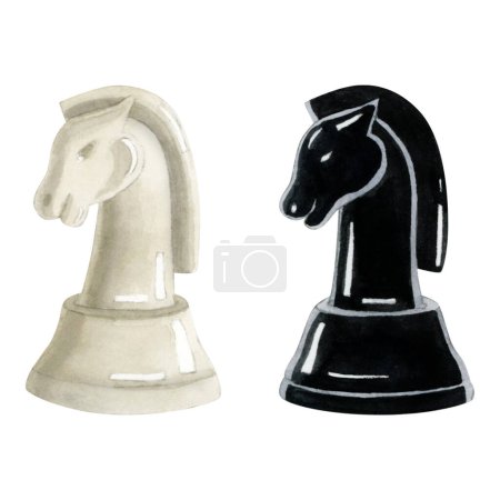 Foto de Acuarela piezas de ajedrez caballeros ilustración en blanco y negro aislado en blanco. Figuras realistas de cabezas de caballo para el día del Ajedrez. - Imagen libre de derechos