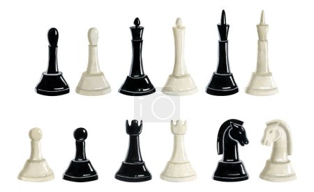 Téléchargez les photos : Pièces d'échecs noir et blanc illustration complète. Clipart aquarelle réaliste dessiné à la main du roi, reine, chevalier, tour, évêque, pion pour les conceptions de sport de jeu. - en image libre de droit