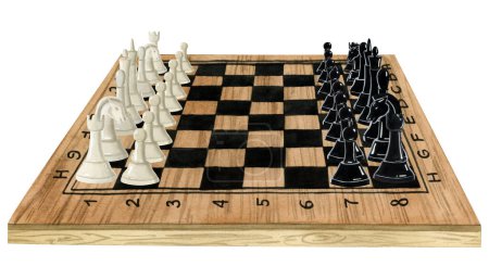 Photo for Watercolor wooden chess board with black and white pieces watercolor isolated illustration on white background. Hand drawn brown desk with figures for beginning of the game. - Royalty Free Image