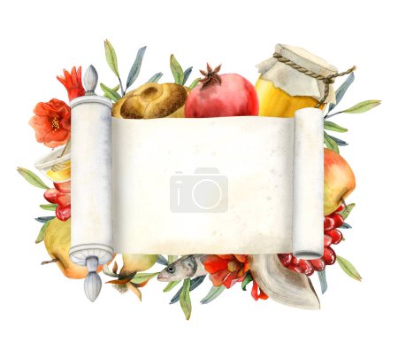 Téléchargez les photos : Rouleau de la Torah avec des symboles Rosh Hashanah et des fleurs de grenade rouge modèle de bannière illustration aquarelle isolé sur fond blanc pour le Nouvel An juif - en image libre de droit
