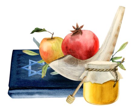 Photo for Jewish Rosh Hashanah symbols with Torah book, star of David, honey jar, pomegranate fruit and apple, shofar horn watercolor illustration isolated on white for Israel new year and yom kippur - Royalty Free Image