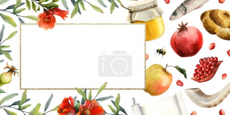 Foto de Plantilla de tarjeta de felicitación judía Rosh Hashaná con espacio de copia ilustración de acuarela para vacaciones de año nuevo con frutas de granada, miel, manzana, shofar y flores rojas. - Imagen libre de derechos