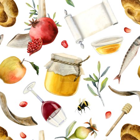 Téléchargez les photos : Juif Rosh Hashanah aquarelle motif sans couture sur fond blanc pour le nouvel an emballage cadeau avec rouleau, grenades, miel, pommes, poisson, Xoah, shofar et vin. - en image libre de droit