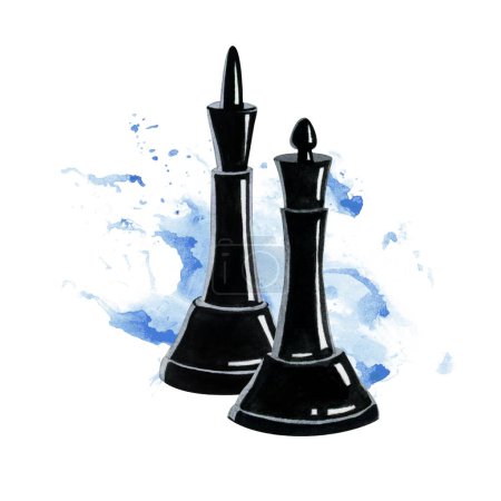 Téléchargez les photos : Aquarelle noir roi et reine pièces d'échecs sur peinture bleue illustration éclaboussure isolé sur fond blanc. Chiffres réalistes pour les jeux de société intellectuelle dessins artistiques. - en image libre de droit