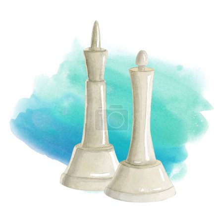 Photo for Watercolor white king and queen chess pieces on light teal blue and turquoise paint splash illustration isolated on white background. Realistic figures for intellectual board games artistic designs. - Royalty Free Image