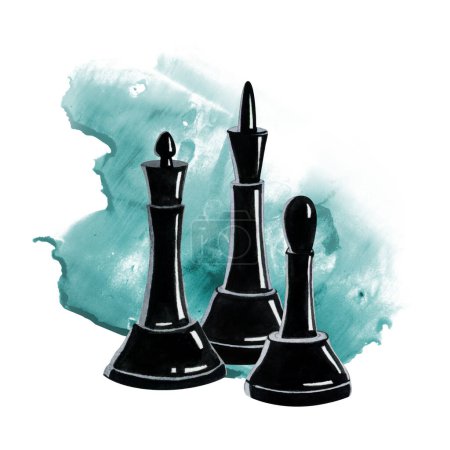Photo for Black king, queen and bishop chess pieces on dark teal blue watercolor splash illustration isolated on white background. Realistic figures for intellectual board games clubs artistic designs. - Royalty Free Image