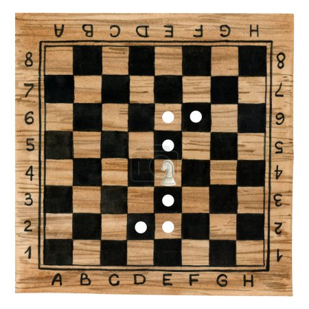 Photo for White knight chess piece movement scheme on wooden board watercolor illustration isolated on white background. Hand drawn brown and black desk with for Chess clubs and manuals. - Royalty Free Image