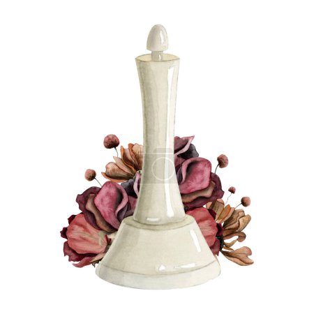 Téléchargez les photos : Aquarelle pièce de reine d'échecs blanc et fleurs de roses rouges marron romantique illustration isolée. Chiffres réalistes pour le jour des échecs et le club de jeu. - en image libre de droit
