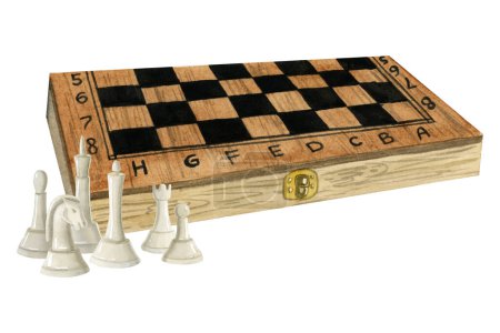 Photo for Watercolor wooden chess board box with white figures of king, queen, bishop and knight isolated illustration for intellectual game clubs, quests and quizes. - Royalty Free Image