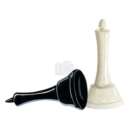 Foto de Rey negro a cuadros y reina blanca piezas de ajedrez acuarela ilustración aislada sobre fondo blanco para diseños de juegos de mesa intelectuales. - Imagen libre de derechos