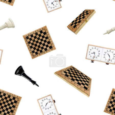 Téléchargez les photos : Jeu d'échecs aquarelle motif sans couture avec des rois noirs et blancs, des planches et des horloges pour textile, tissu, papier d'emballage, brochures de compétition et conception de clubs. - en image libre de droit