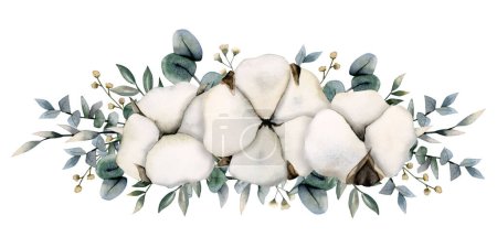 Photo for Cotton, eucalyptus branches with grass and tiny yellow flowers watercolor illustration isolated on white background. Hand drawn rustic banner for floral card and wedding designs. - Royalty Free Image