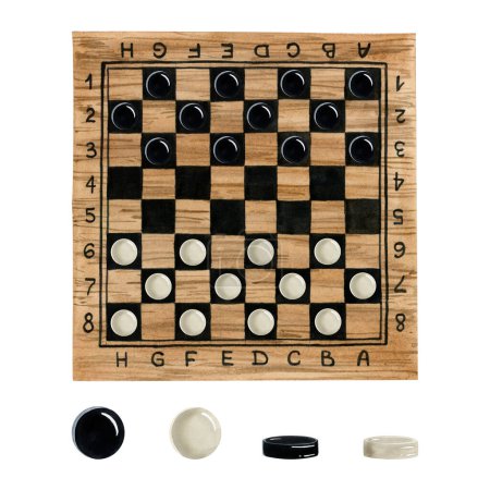 Photo for Checkers game watercolor illustration isolated on white background with wooden chess board. Hand drawn brown and black desk for intellectual game beginning. - Royalty Free Image