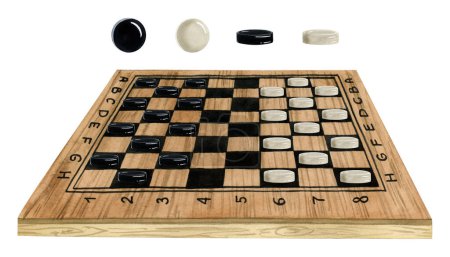 Photo for Watercolor checkers on wooden board illustration isolated on white background. Hand drawn intellectual game set for beginning of competition. - Royalty Free Image