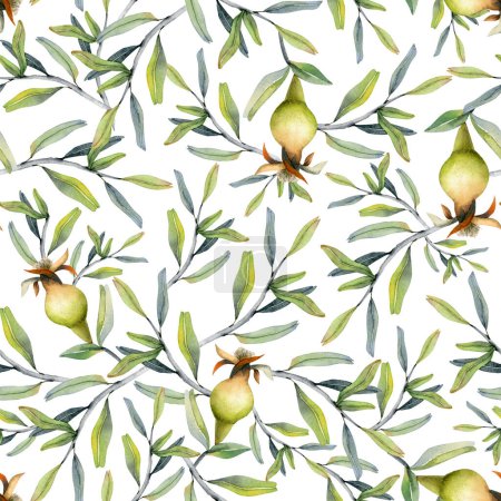 Foto de Acuarela granada cultivando frutas y ramas patrón sin costuras sobre fondo blanco para telas, tarjeta de felicitación judía Rosh Hashanah, diseños florales botánicos. - Imagen libre de derechos