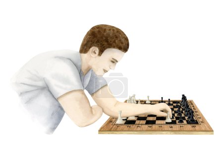 Foto de Jugador de ajedrez haciendo movimiento con ilustración de peón blanco aislado sobre fondo blanco. Plantilla de juego de mesa dibujada a mano. - Imagen libre de derechos