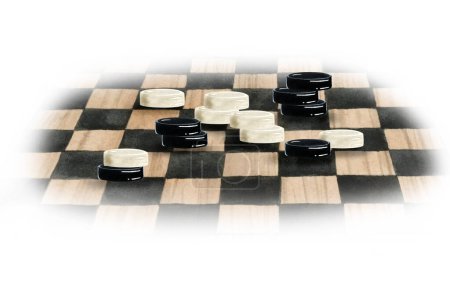 Photo for White and black stacks of checkers on chess board watercolor isolated illustration. Intellectual board game for club flyers, brochures. - Royalty Free Image