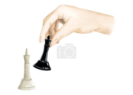 Téléchargez les photos : Chess player making final move with black queen to checkmate white king aquarelle illustration isolée pour les conceptions de jeux de société. - en image libre de droit