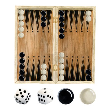 Photo for Watercolor wooden backgammon board with dices and black white chips gaming isolated illustration set for table game starting position - Royalty Free Image