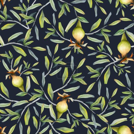 Photo for Pomegranate branches with young fruits watercolor seamless pattern on dark blue background for fabrics, Jewish Rosh Hashanah greeting card, botanical floral designs - Royalty Free Image