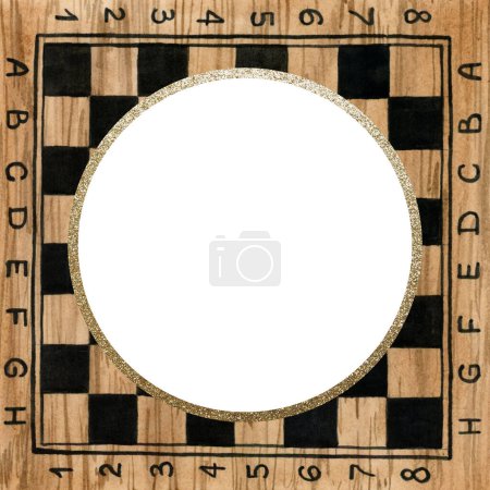 Photo for Wooden chess board round frame watercolor illustration with place for text. Hand drawn brown and black desk with no pieces for Chess day designs. - Royalty Free Image